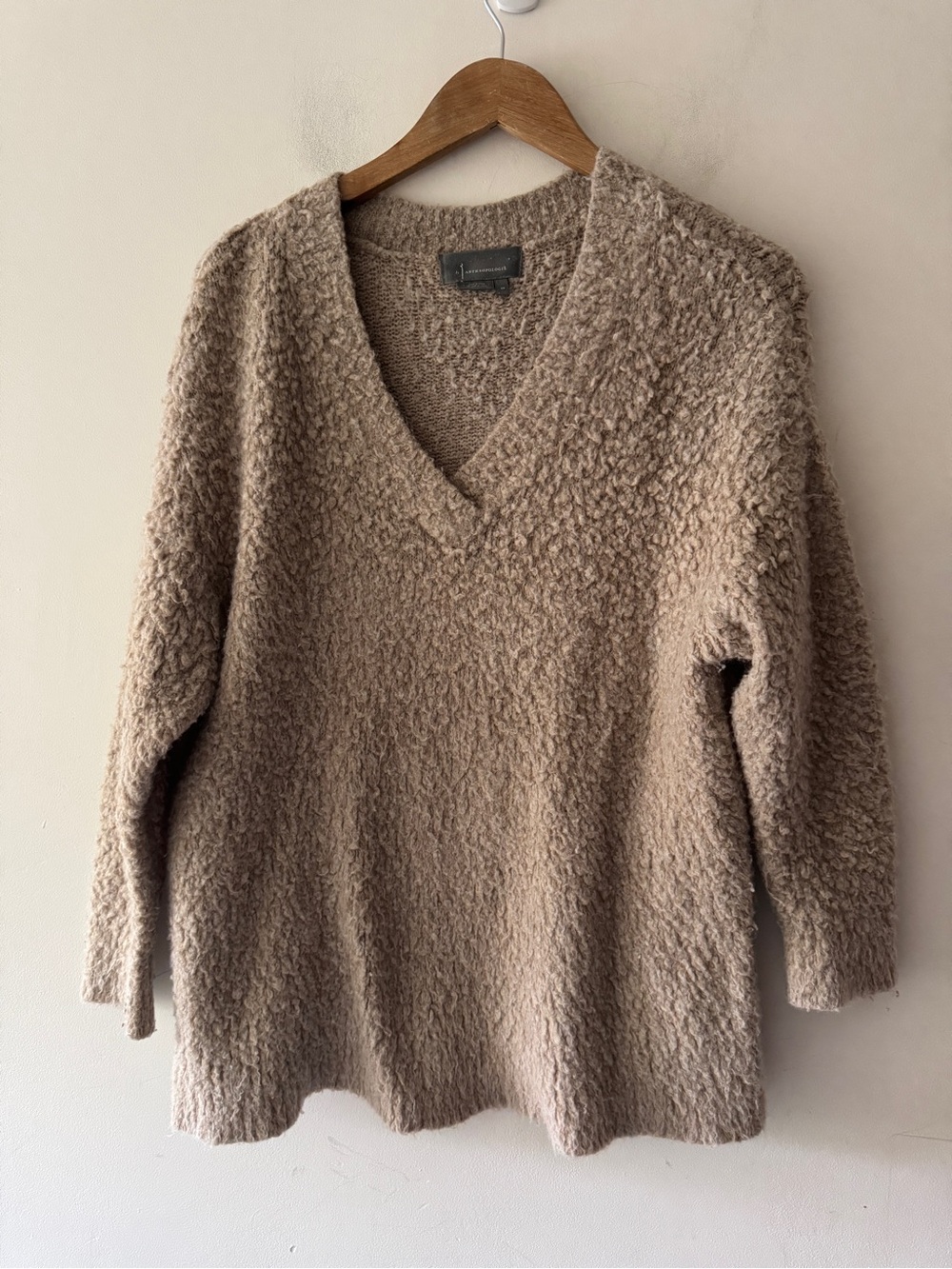 Anthropologie Cozy Fuzzy Brown Teddy Knit V Neck Sweater Merino Wool Alpaca